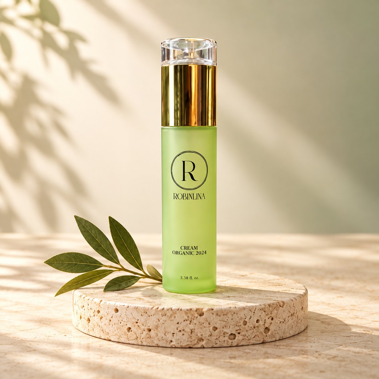 Robinlina green and gold skincare bottle on an ivory stone display